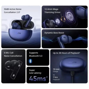 سماعات Realme Buds Air 5 TWS – إلغاء الضوضاء النشط، باس عميق وعمر بطارية طويل | الطراز RMA2301